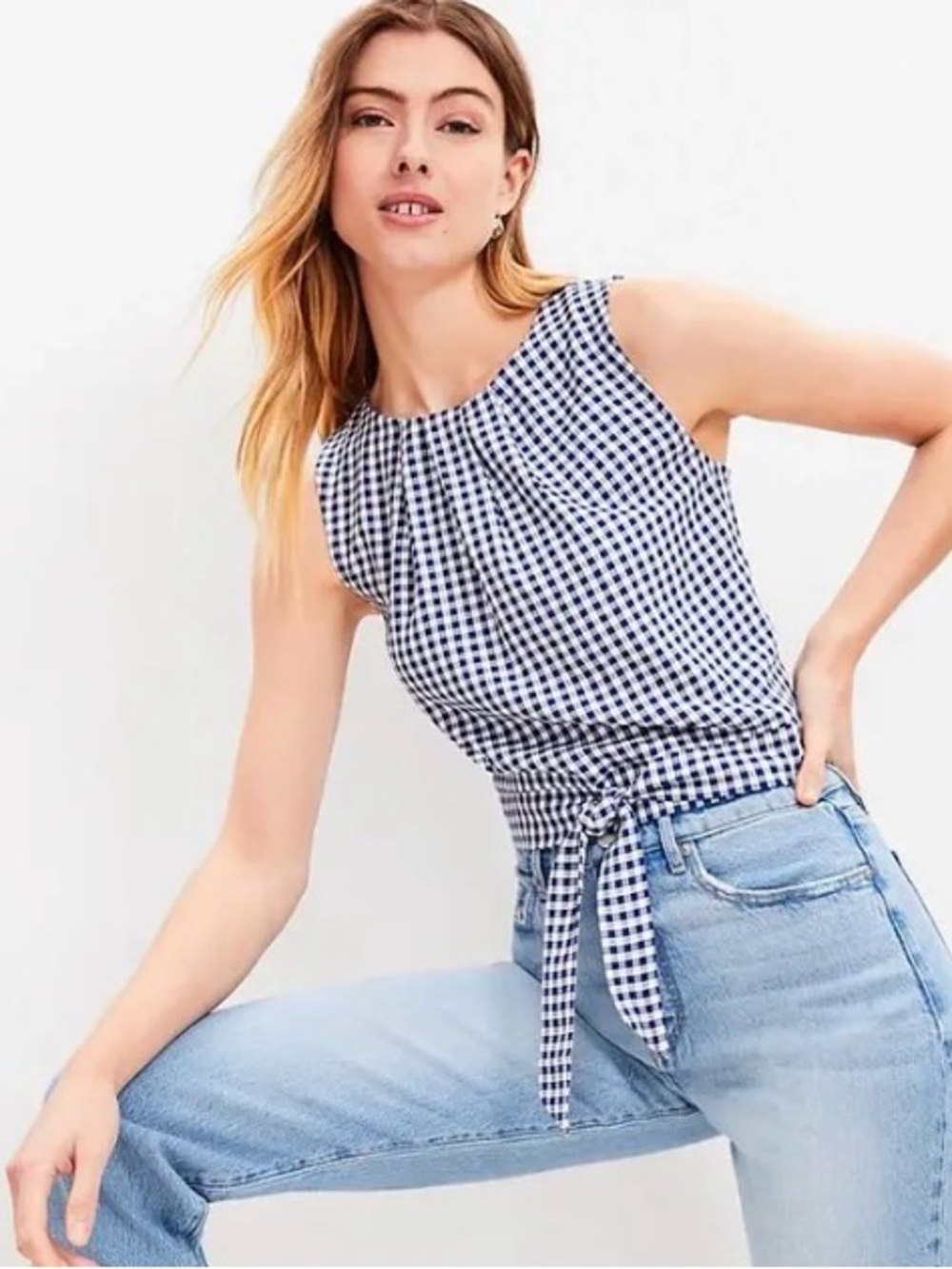 Gingham Pleated Tie Waist Bubble Tank Top